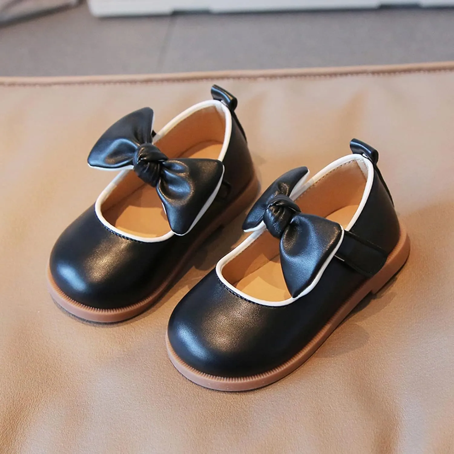 Girls Black Dress Shoes,Fashion Autumn Girls Casual Shoes Thick Sole Flat Round Toe Bow Lightweight Dress Shoes
