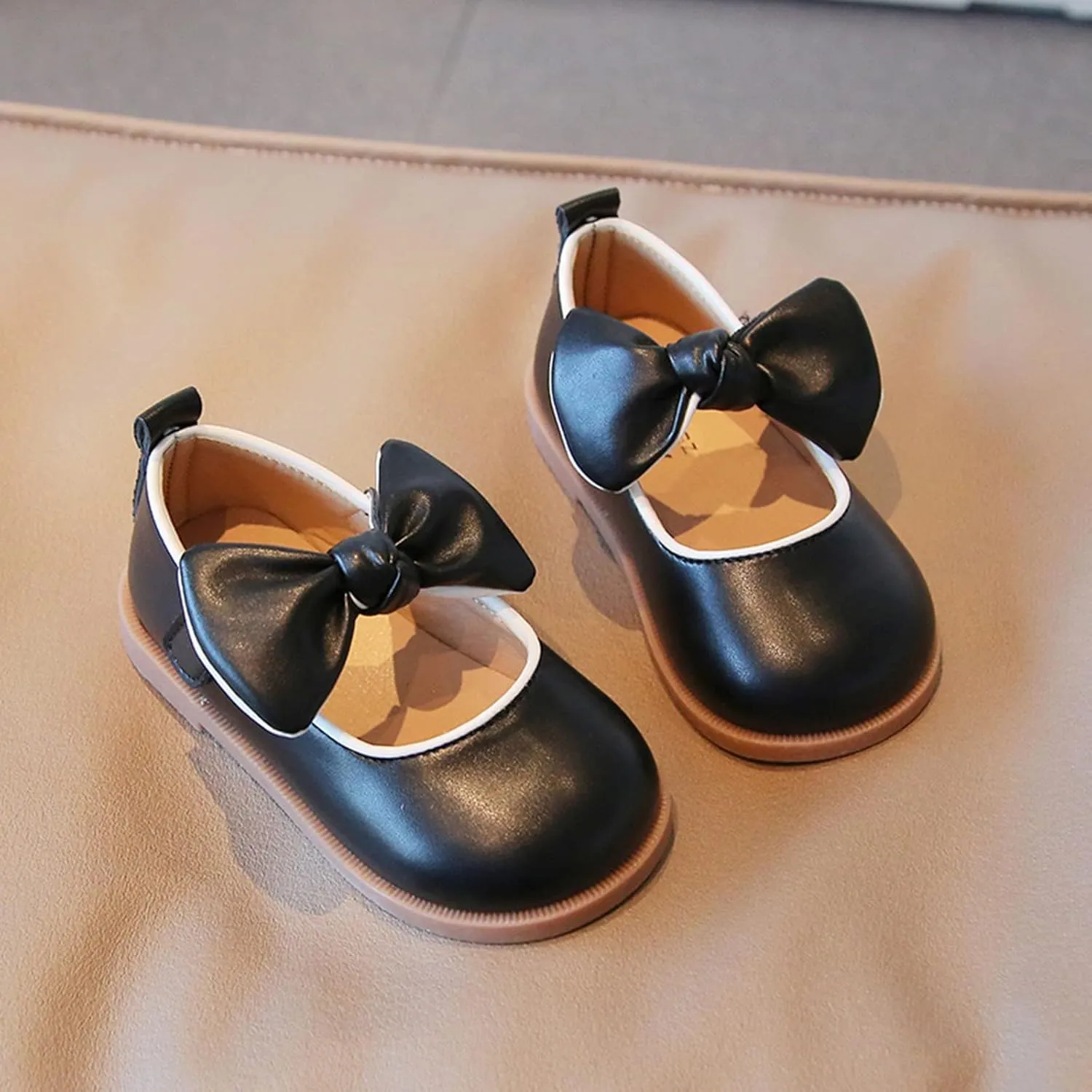 Girls Black Dress Shoes,Fashion Autumn Girls Casual Shoes Thick Sole Flat Round Toe Bow Lightweight Dress Shoes