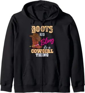 Girls Boots Bling its a Cowgirl Thing Horseback Cute Cowgirl Zip Hoodie
