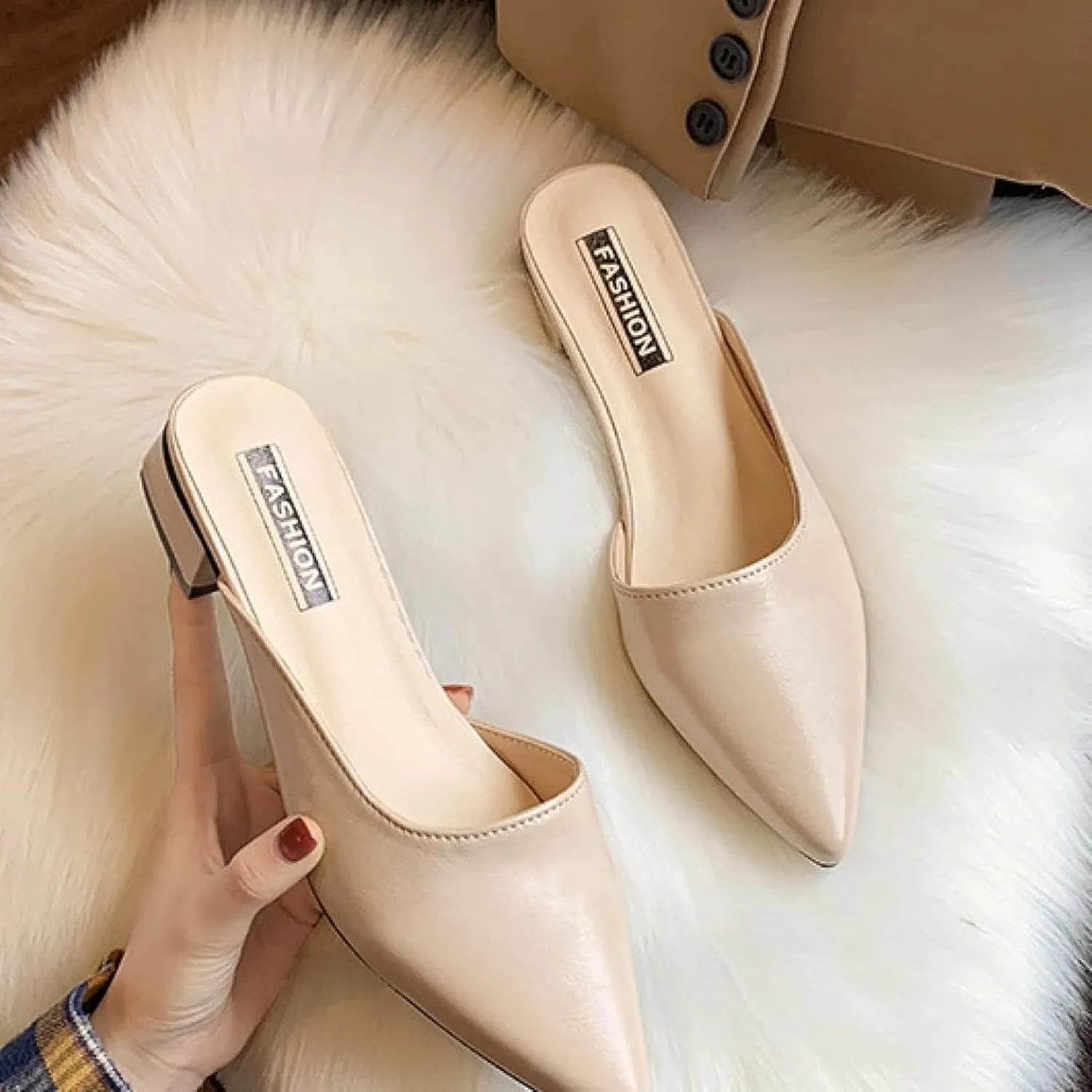 Girl's Comfortable Mule Sandals PU Leather Pointed High Heels Women's Backless Loafer Work Slippers