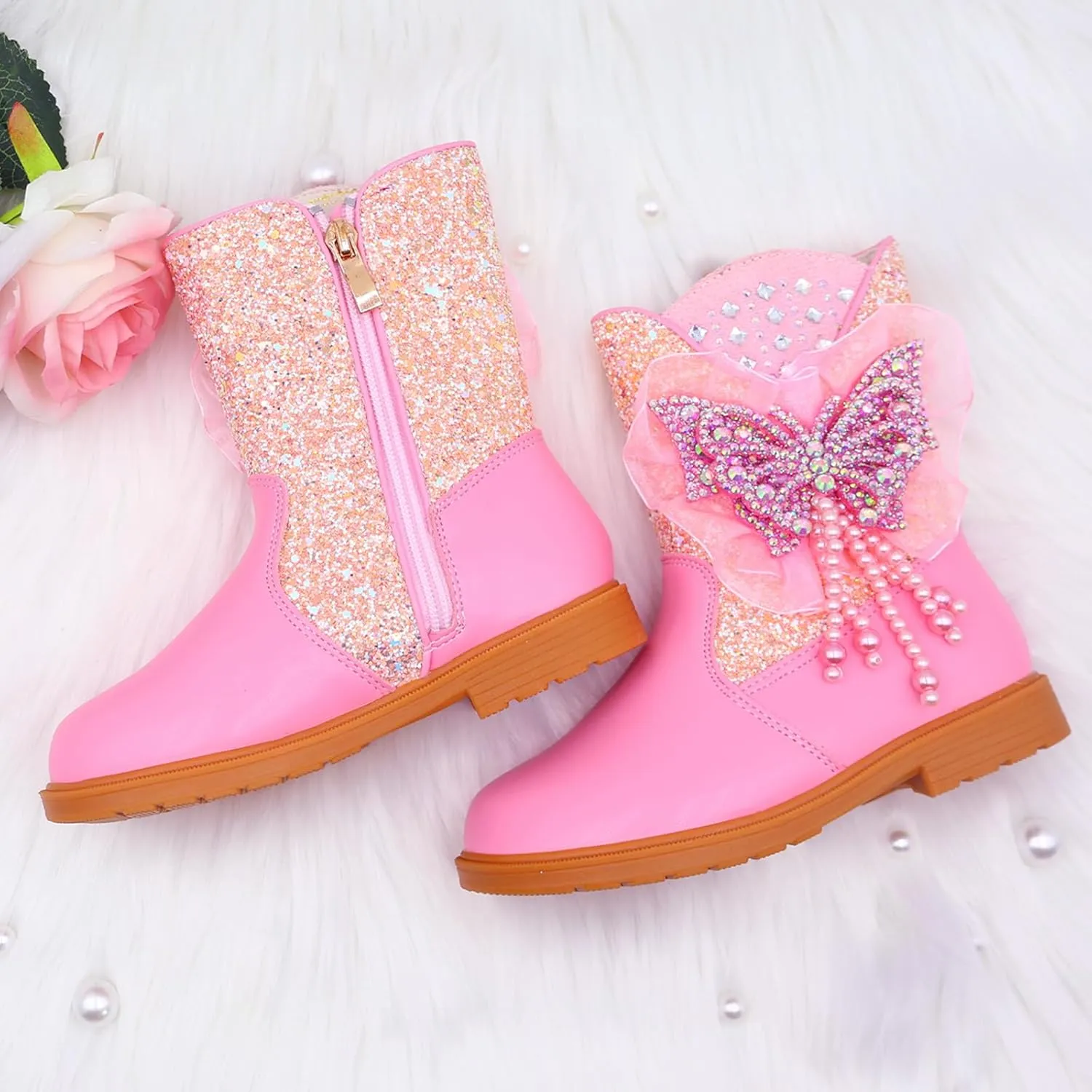 Girls Cowgirl Boots Little Kids Western Boots Mid Calf Toddler Riding Shoes Glitter Boots
