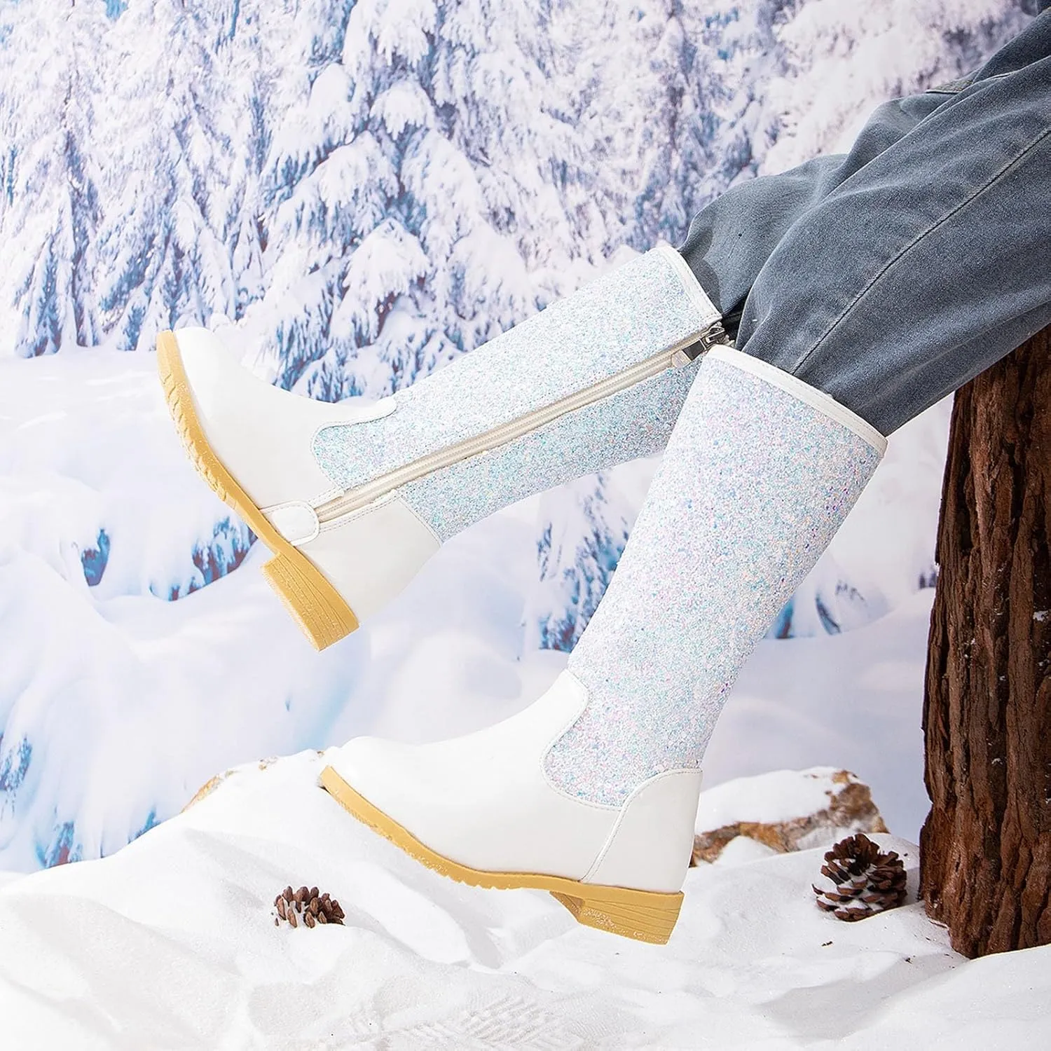 Girls Cowgirl Boots Mid Calf Square Toe Western Boot for Kids Glitter Cowboy Boots Party Snow Boots for Children Shoe