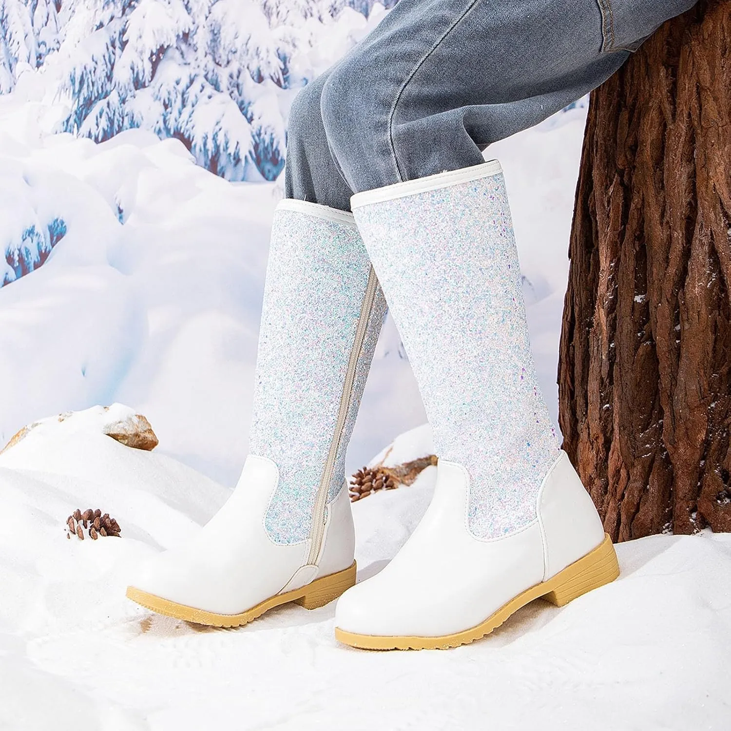 Girls Cowgirl Boots Mid Calf Square Toe Western Boot for Kids Glitter Cowboy Boots Party Snow Boots for Children Shoe