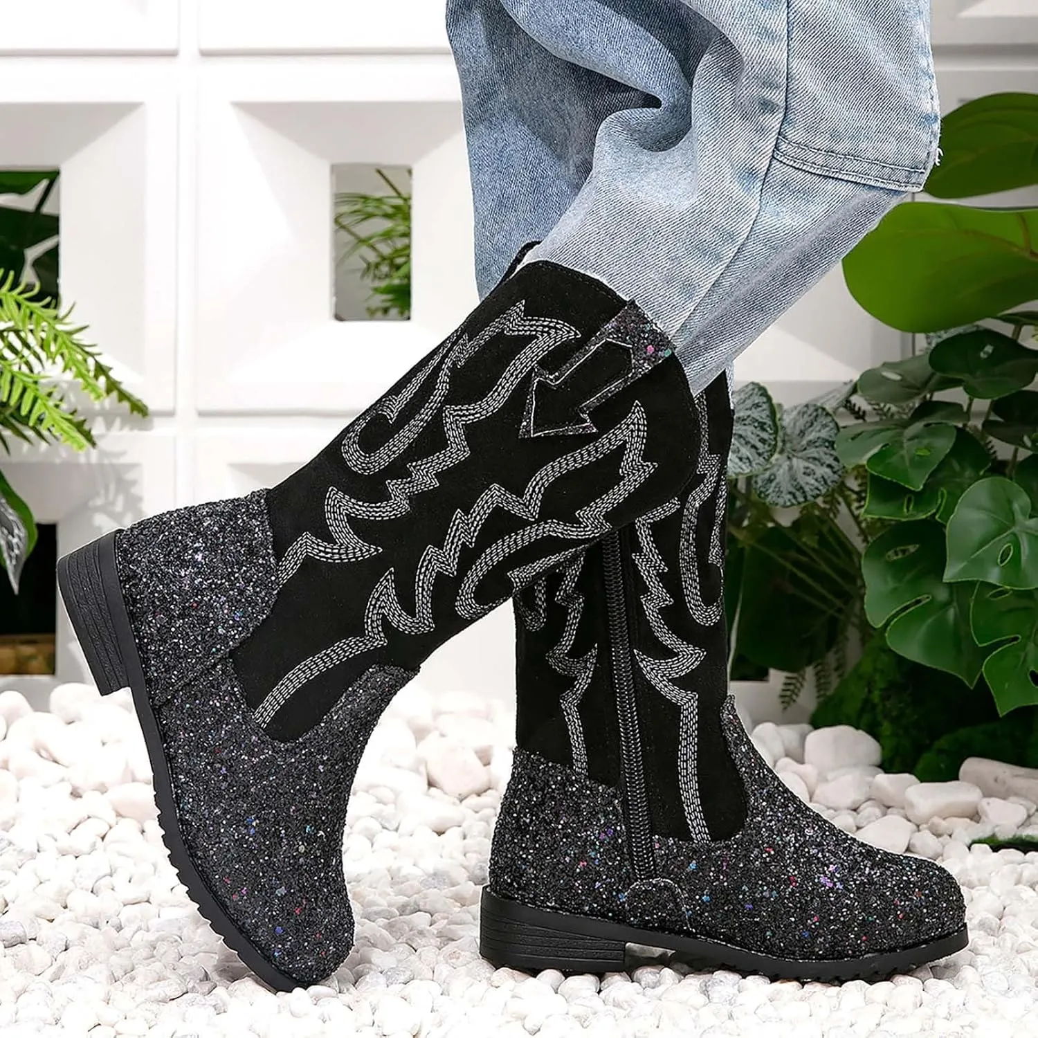 Girls Cowgirl Boots Mid Calf Square Toe Western Boot for Kids Glitter Cowboy Boots Party Toddler Girls Riding Shoes