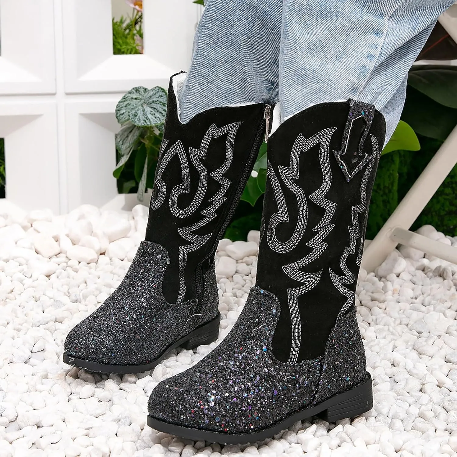 Girls Cowgirl Boots Mid Calf Square Toe Western Boot for Kids Glitter Cowboy Boots Party Toddler Girls Riding Shoes