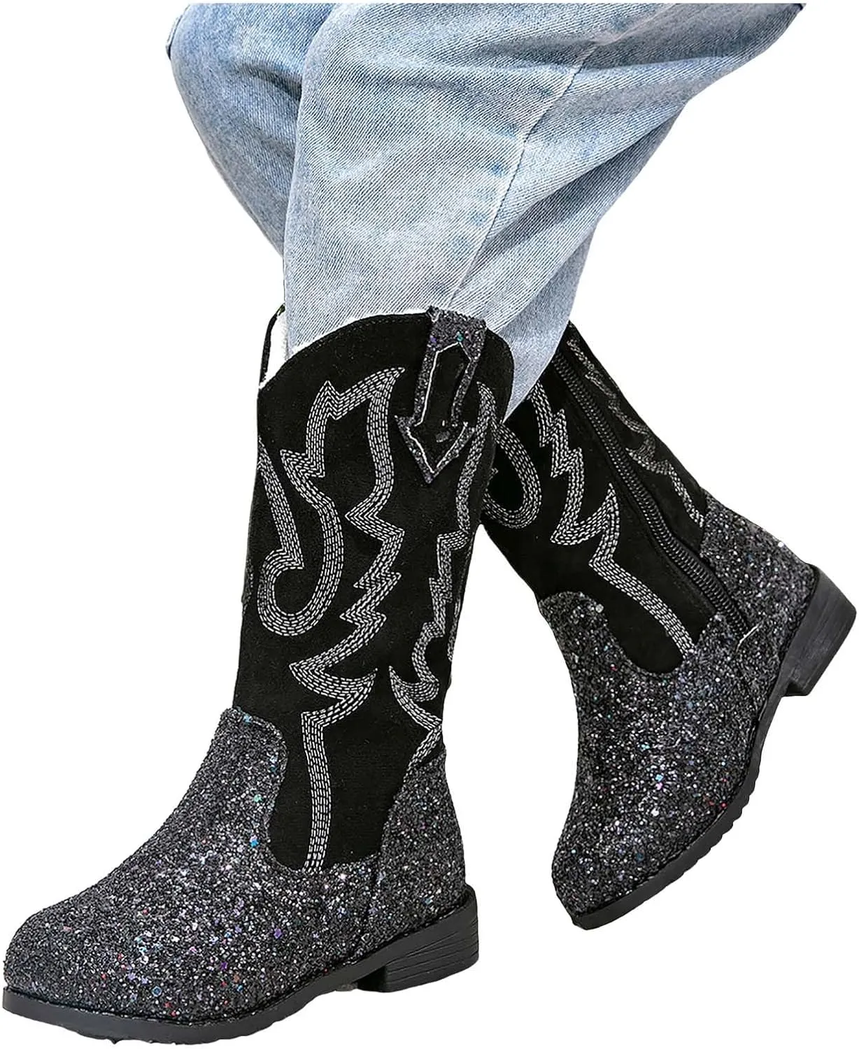 Girls Cowgirl Boots Mid Calf Square Toe Western Boot for Kids Glitter Cowboy Boots Party Toddler Girls Riding Shoes