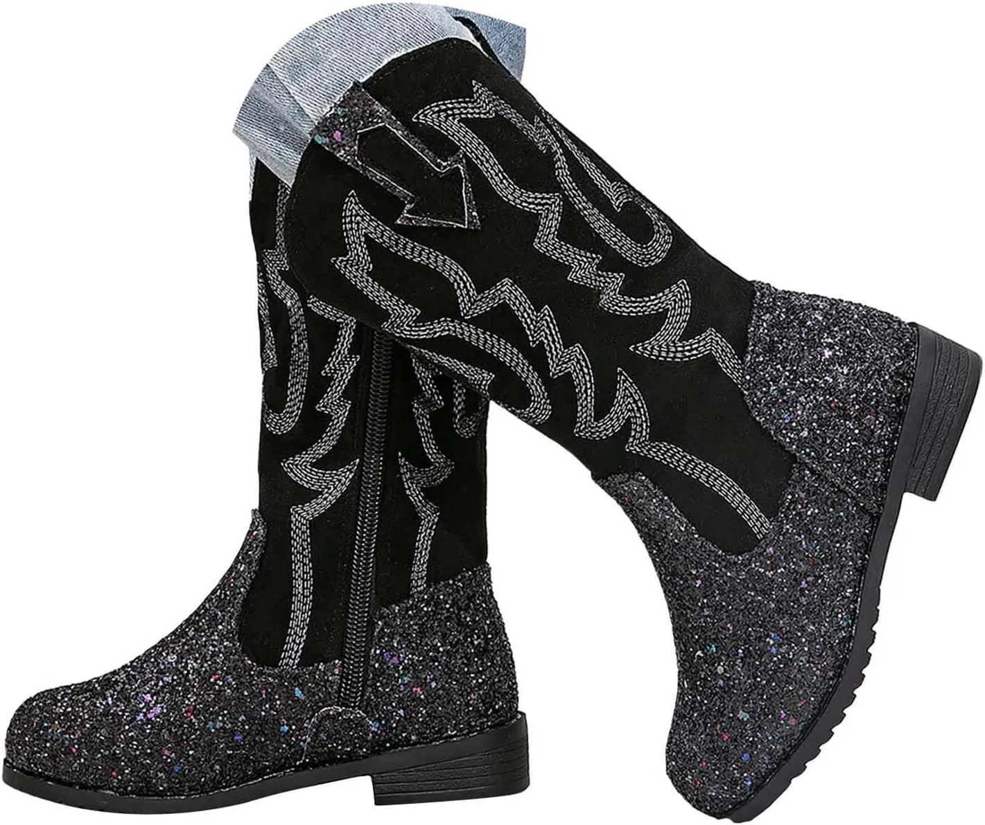 Girls Cowgirl Boots Mid Calf Square Toe Western Boot for Kids Glitter Cowboy Boots Party Toddler Girls Riding Shoes