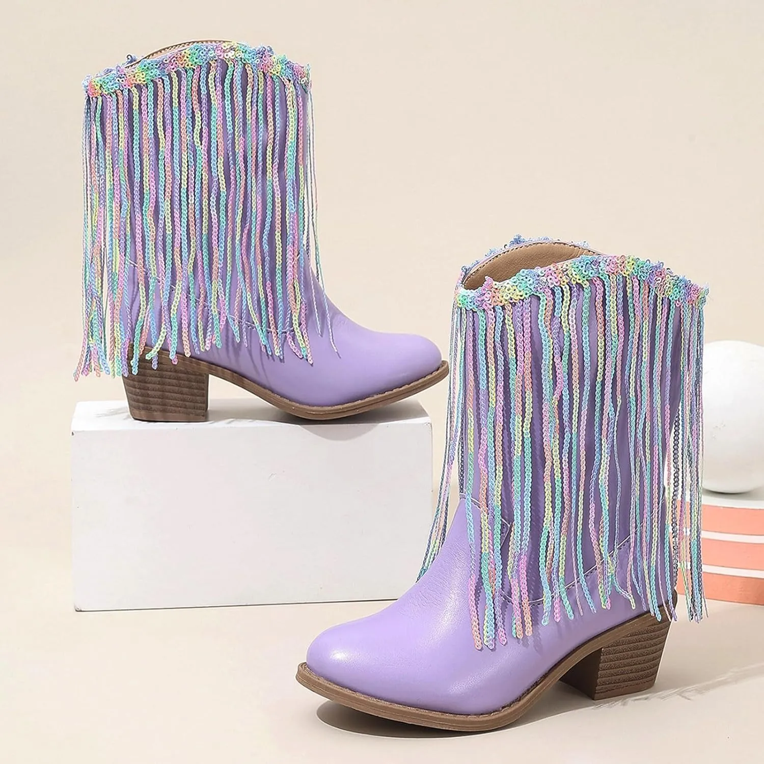 Girls Cowgirl Boots Mid Calf Square Toe Western Boot for Kids Glitter Cowboy Boots Toddler Girls Horse Riding Shoes