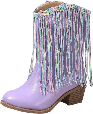 Girls Cowgirl Boots Mid Calf Square Toe Western Boot for Kids Glitter Cowboy Boots Toddler Girls Horse Riding Shoes