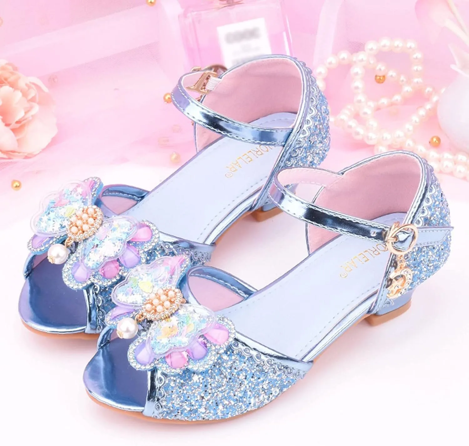 Girls Glitter Sandals Low Heels Shiny Dress Shoes with Bow Party Wedding Flower Girl Shoe Toddler Shoes