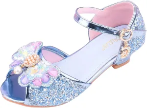 Girls Glitter Sandals Low Heels Shiny Dress Shoes with Bow Party Wedding Flower Girl Shoe Toddler Shoes