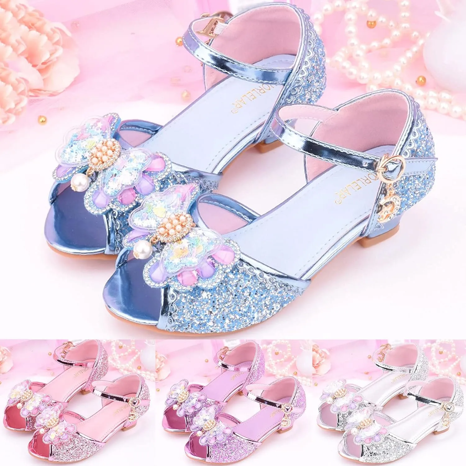 Girls Glitter Sandals Low Heels Shiny Dress Shoes with Bow Party Wedding Flower Girl Shoe Toddler Shoes