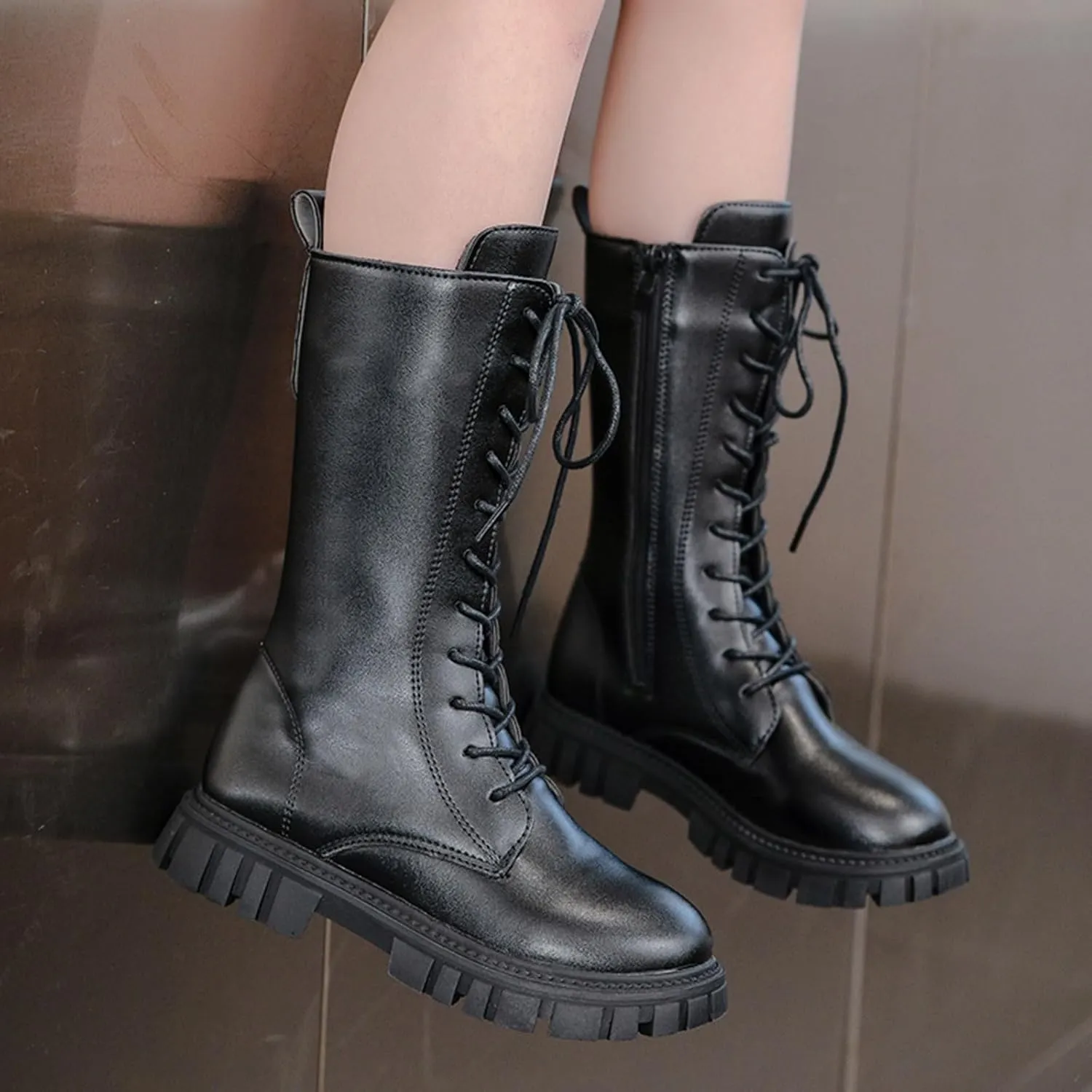 Girls High Boots Kids Low Heel Lace-up Winter Boots Fashion Riding Booties Waterproof Kids Snow Boots Girls Princess Boots