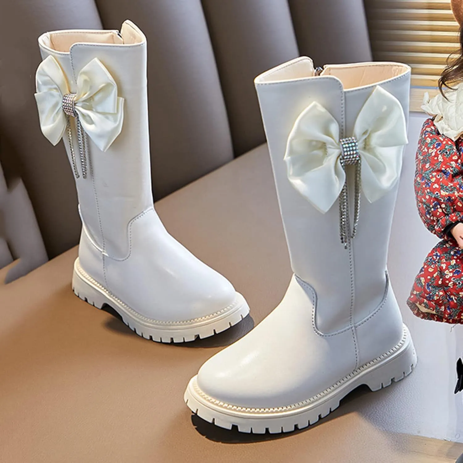 Girls Knee High Riding Boots, Kids Boots Long Boots High Boots Autumn and Winter New Girl Soft Bottom Leather Boots (Beige, 6-7 Years Little Child)