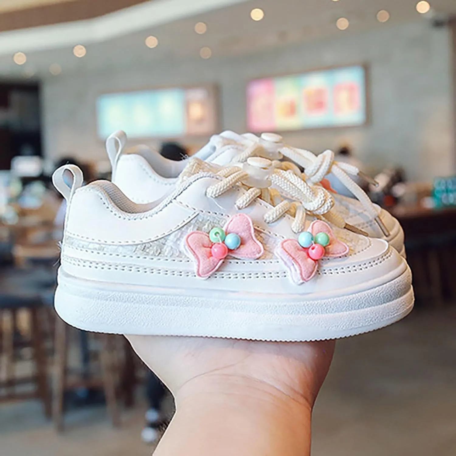 Girls Lace Cute Bow Sneakers Ankle Padded Sole Breathable Sport Shoes Kids School Non Slip First Walking Shoes