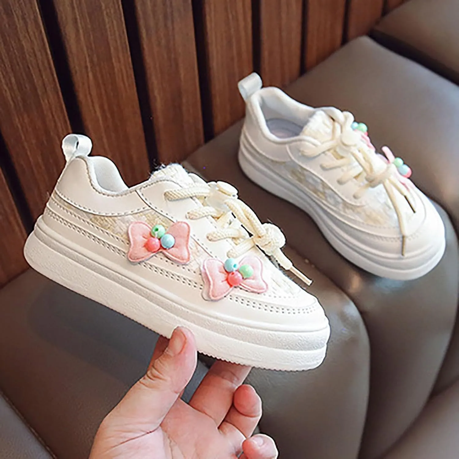 Girls Lace Cute Bow Sneakers Ankle Padded Sole Breathable Sport Shoes Kids School Non Slip First Walking Shoes