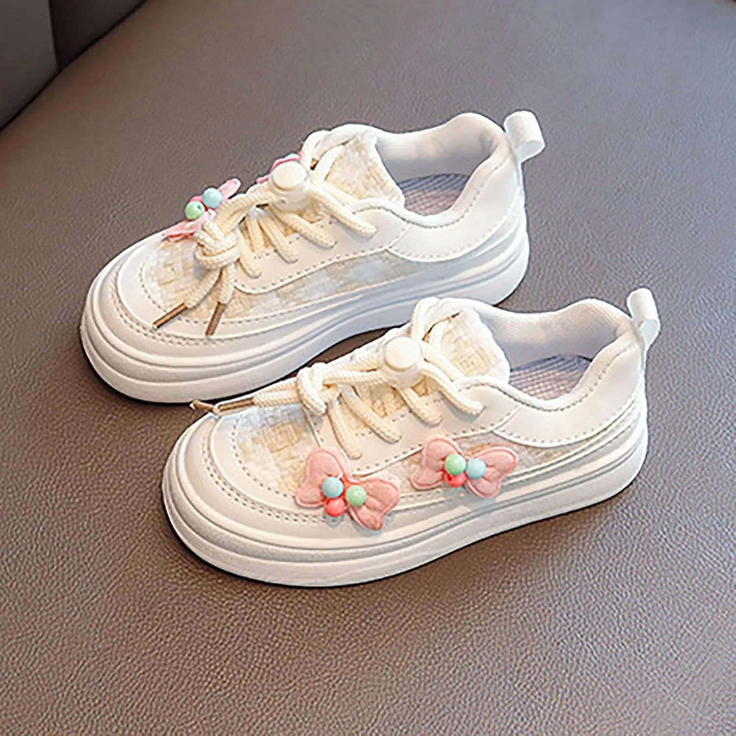 Girls Lace Cute Bow Sneakers Ankle Padded Sole Breathable Sport Shoes Kids School Non Slip First Walking Shoes