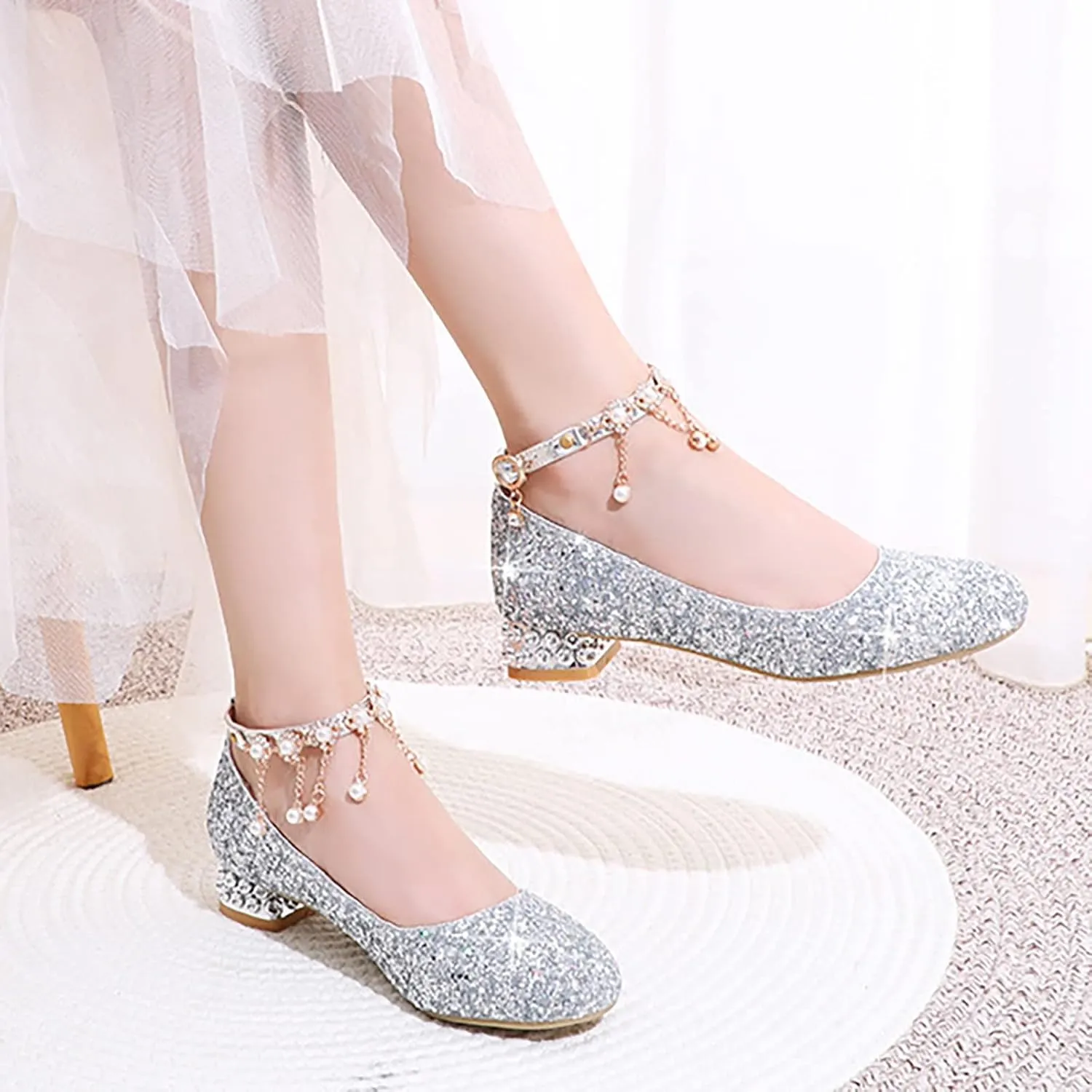 Girls Mary Jane Dress Shoes hinestones Pearls Flower Girl Wedding Low Heels Toddler Little Pool Shoes for Toddlers