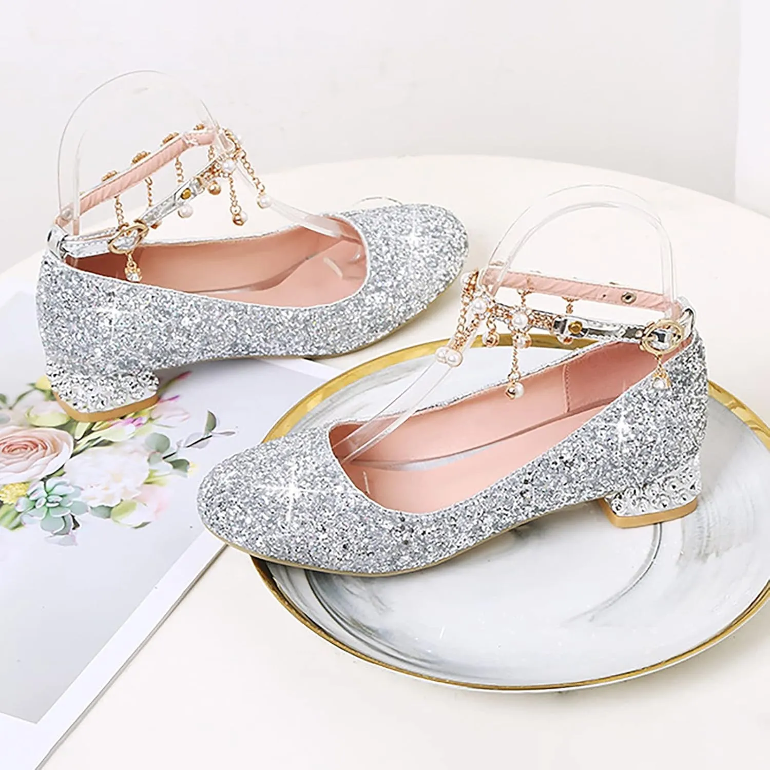 Girls Mary Jane Dress Shoes hinestones Pearls Flower Girl Wedding Low Heels Toddler Little Pool Shoes for Toddlers
