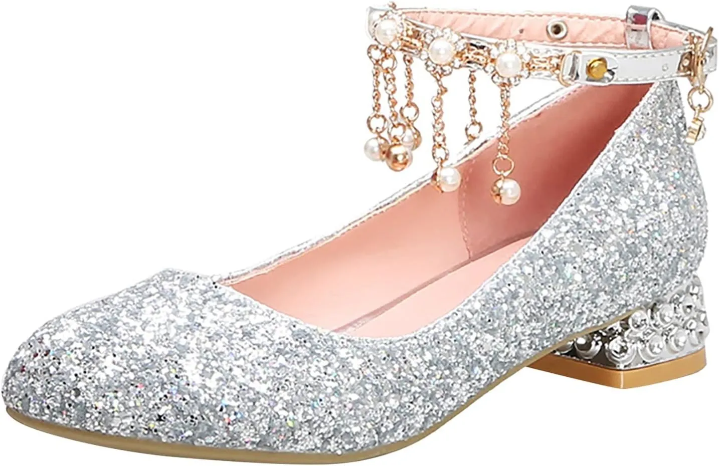 Girls Mary Jane Dress Shoes hinestones Pearls Flower Girl Wedding Low Heels Toddler Little Pool Shoes for Toddlers