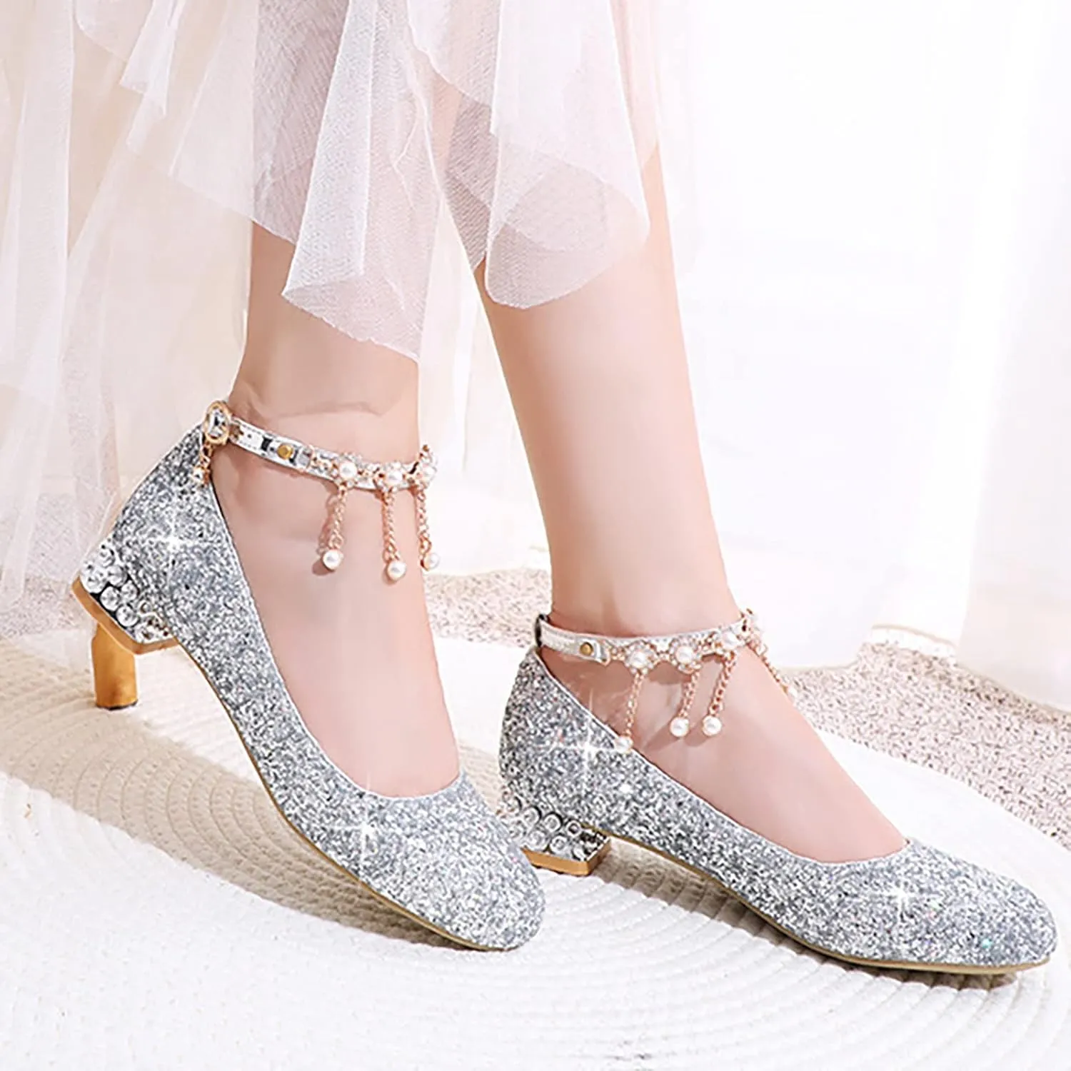 Girls Mary Jane Dress Shoes hinestones Pearls Flower Girl Wedding Low Heels Toddler Little Pool Shoes for Toddlers