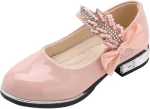 Girls Mary Jane Low Heel Princess Flower Wedding Party Pump Dress Shoes Soft PU Leather Bowknot School Shoes