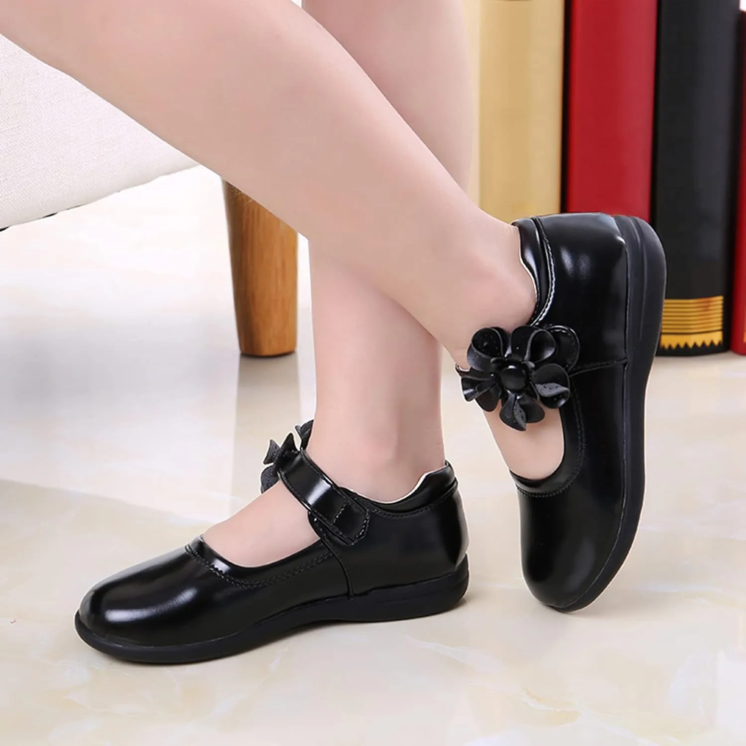 Girl's Mary Jane School niform Shoes Princess Non-Slip Hook and Loop Flower Flat for Birthday Wedding Pary