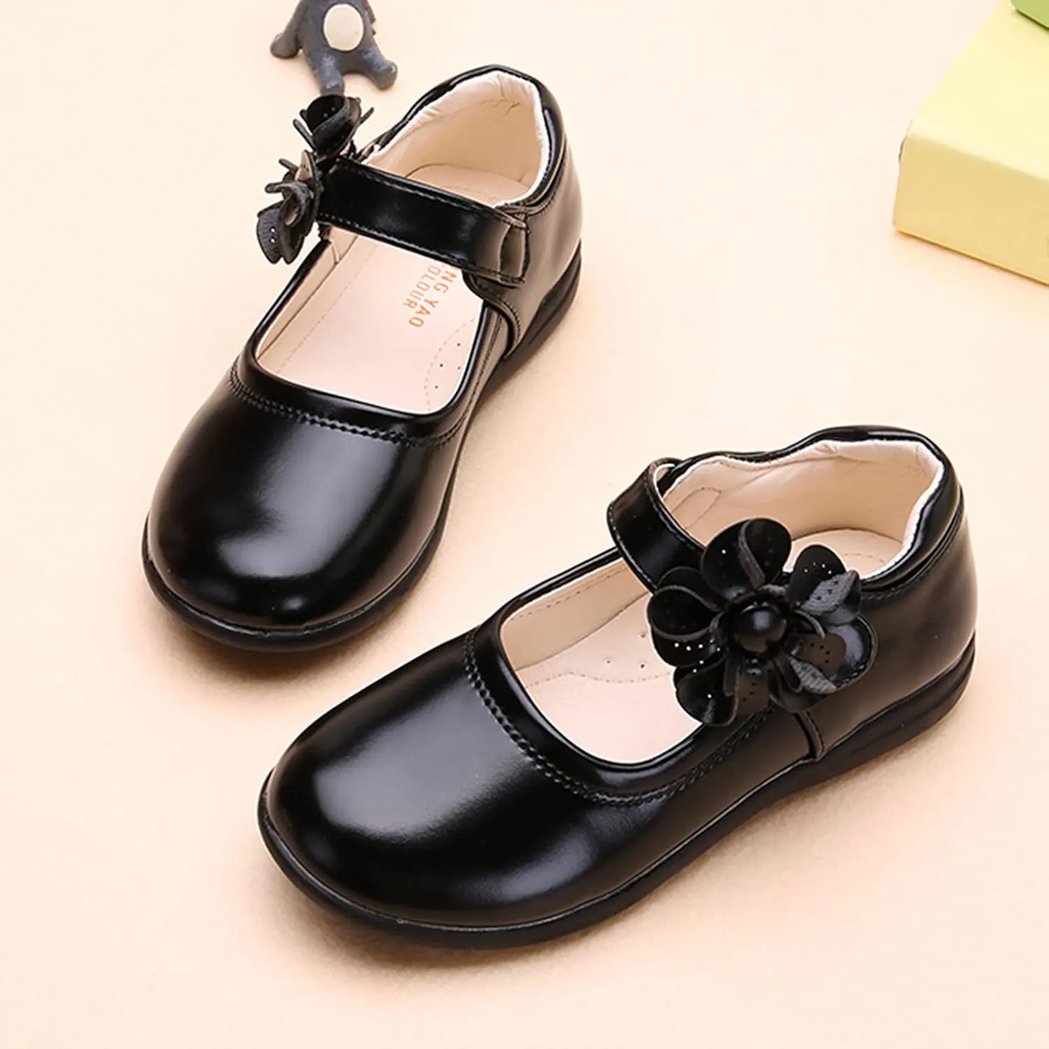 Girl's Mary Jane School niform Shoes Princess Non-Slip Hook and Loop Flower Flat for Birthday Wedding Pary