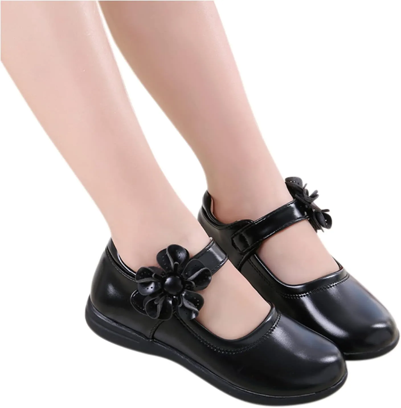 Girl's Mary Jane School niform Shoes Princess Non-Slip Hook and Loop Flower Flat for Birthday Wedding Pary