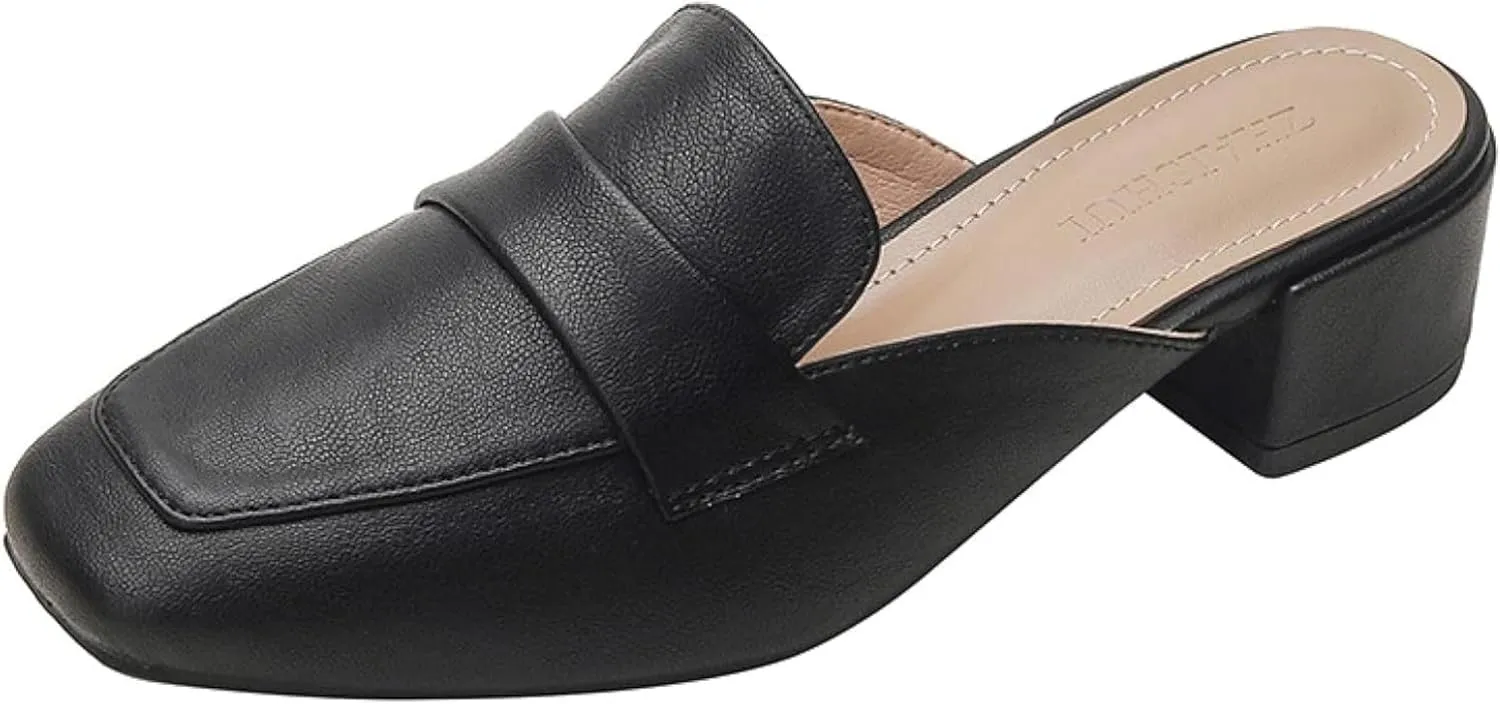 Girl's Mule Sandals, Ultra-fine Fiber Square Toe High Heels, Women's Backless Loafer Office Slippers