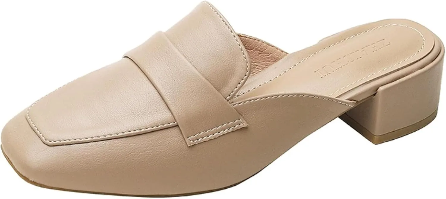 Girl's Mule Sandals, Ultra-fine Fiber Square Toe High Heels, Women's Backless Loafer Office Slippers