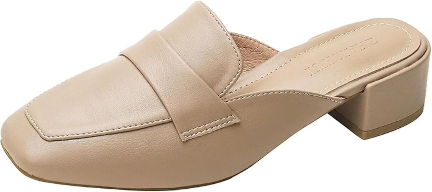 Girl's Mule Sandals, Ultra-fine Fiber Square Toe High Heels, Women's Backless Loafer Office Slippers