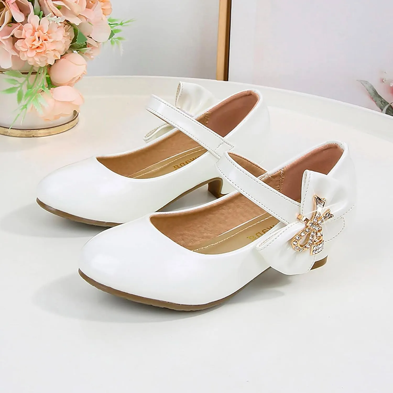 Girls Paten Leather Dress Shoes Low Heels Toddler Mary Jane Shoes Flower Shoes with Bow for School Part Wedding