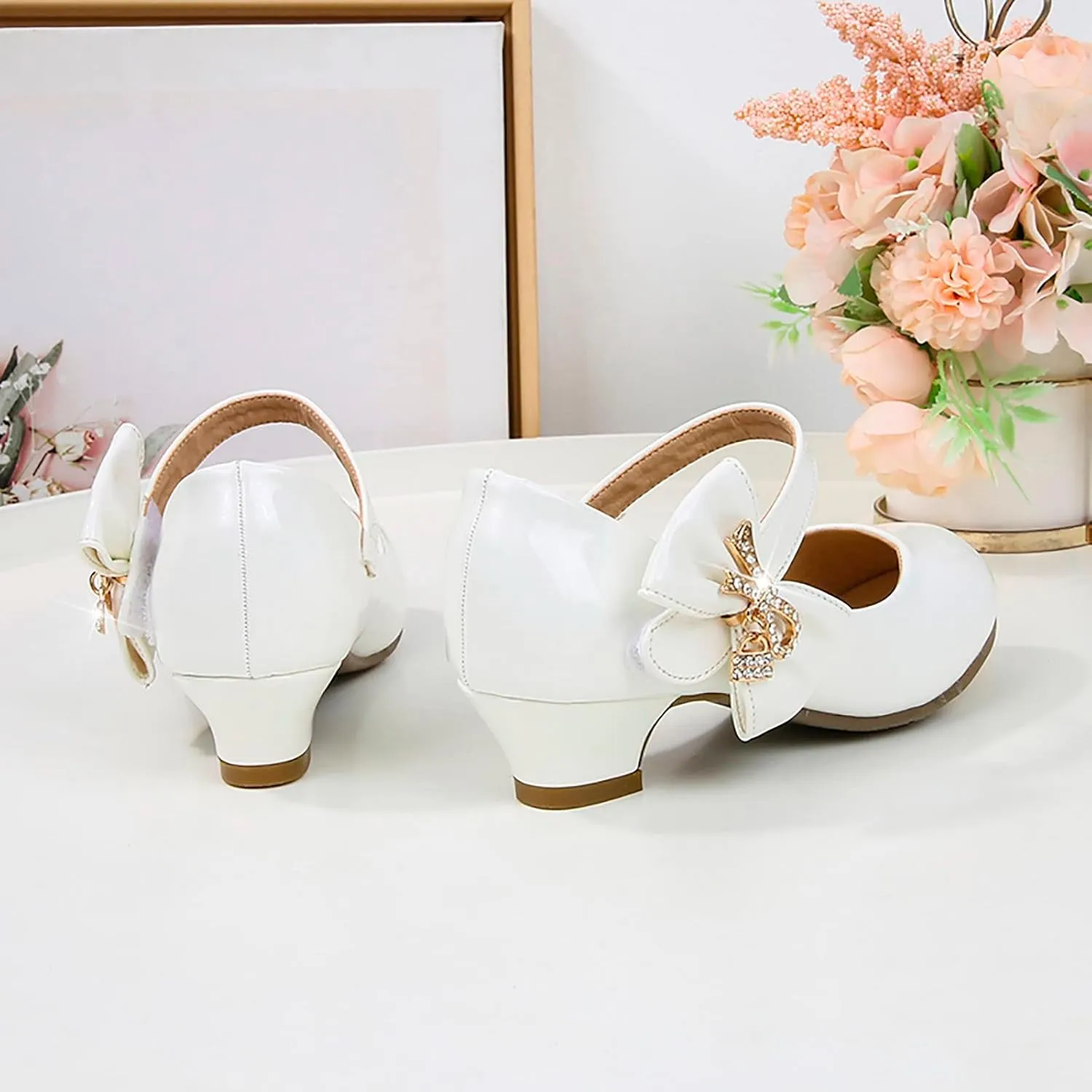 Girls Paten Leather Dress Shoes Low Heels Toddler Mary Jane Shoes Flower Shoes with Bow for School Part Wedding