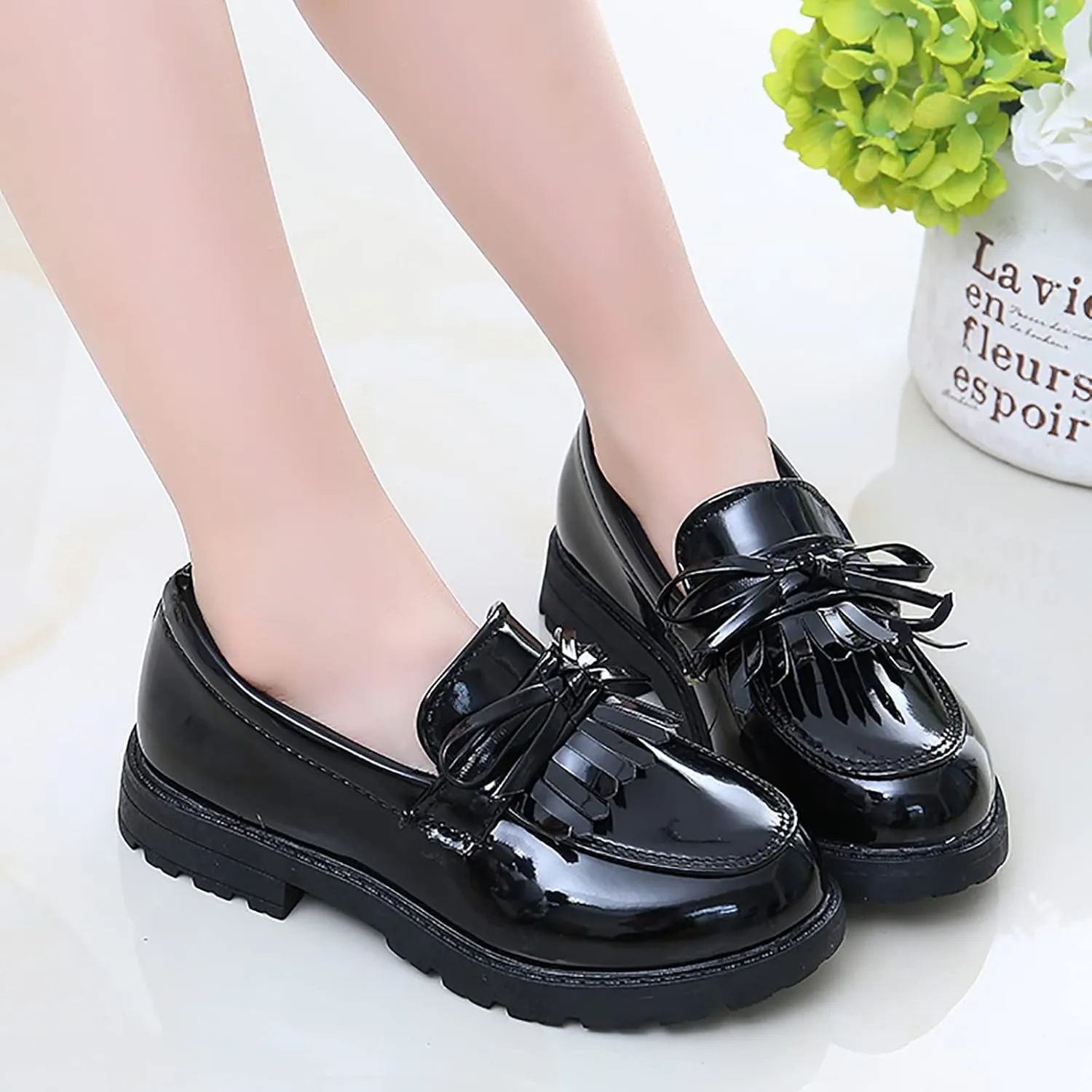 Girls Slip On Leather Loafer Tassel Bow School Dress Shoes for Girls Baby Swim Shoes