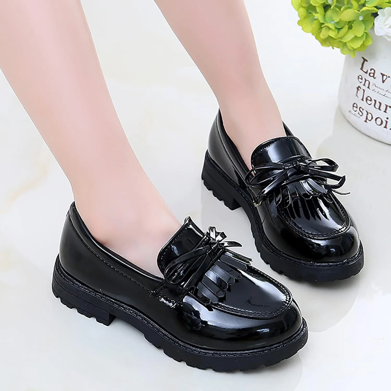 Girls Slip On Leather Loafer Tassel Bow School Dress Shoes for Girls Baby Swim Shoes