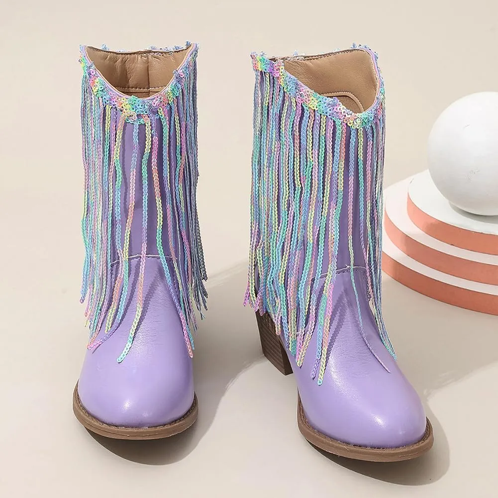 Girls Winter Low Heels Princess Boots Tassel Sequin Mid Calf Riding Shoes