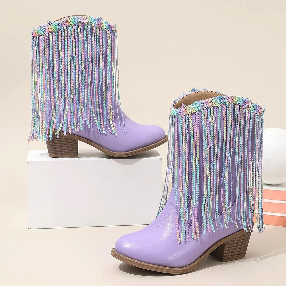 Girls Winter Low Heels Princess Boots Tassel Sequin Mid Calf Riding Shoes