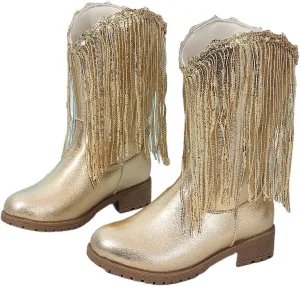 Girls Winter Low Heels Princess Boots Tassel Sequin Mid Calf Riding Shoes