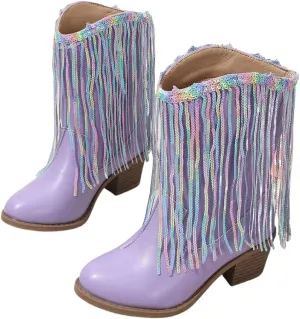 Girls Winter Low Heels Princess Boots Tassel Sequin Mid Calf Riding Shoes