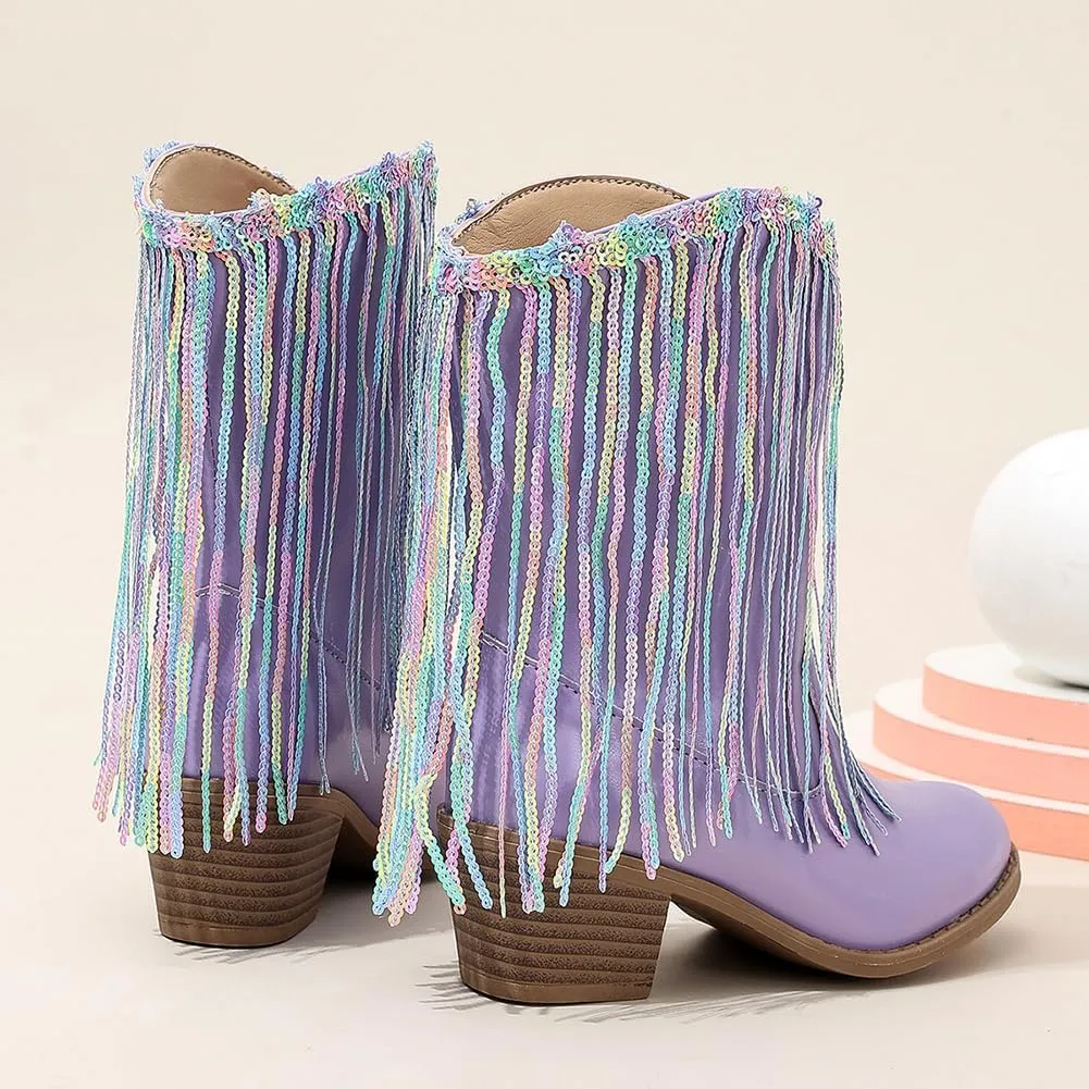 Girls Winter Low Heels Princess Boots Tassel Sequin Mid Calf Riding Shoes