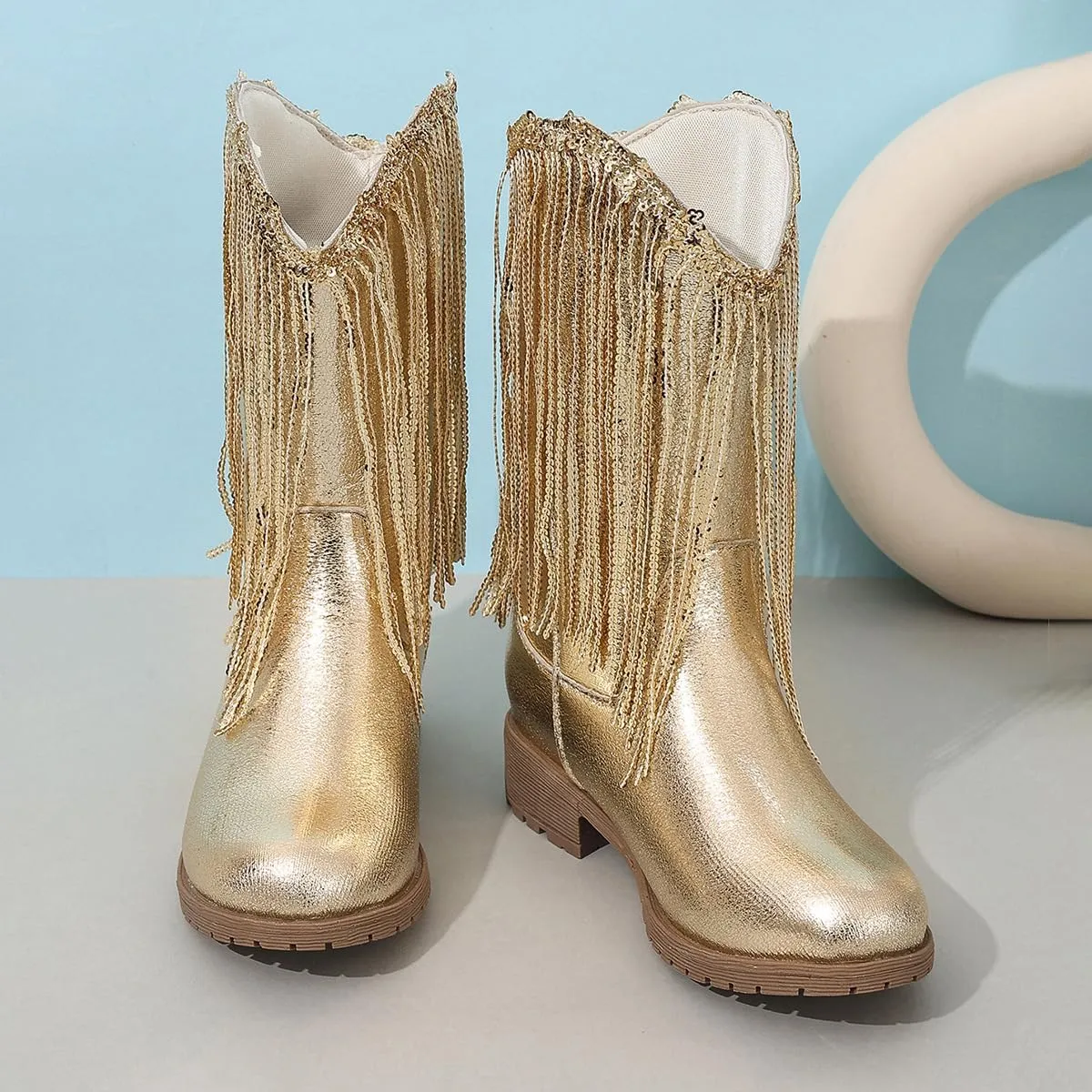 Girls Winter Low Heels Princess Boots Tassel Sequin Mid Calf Riding Shoes