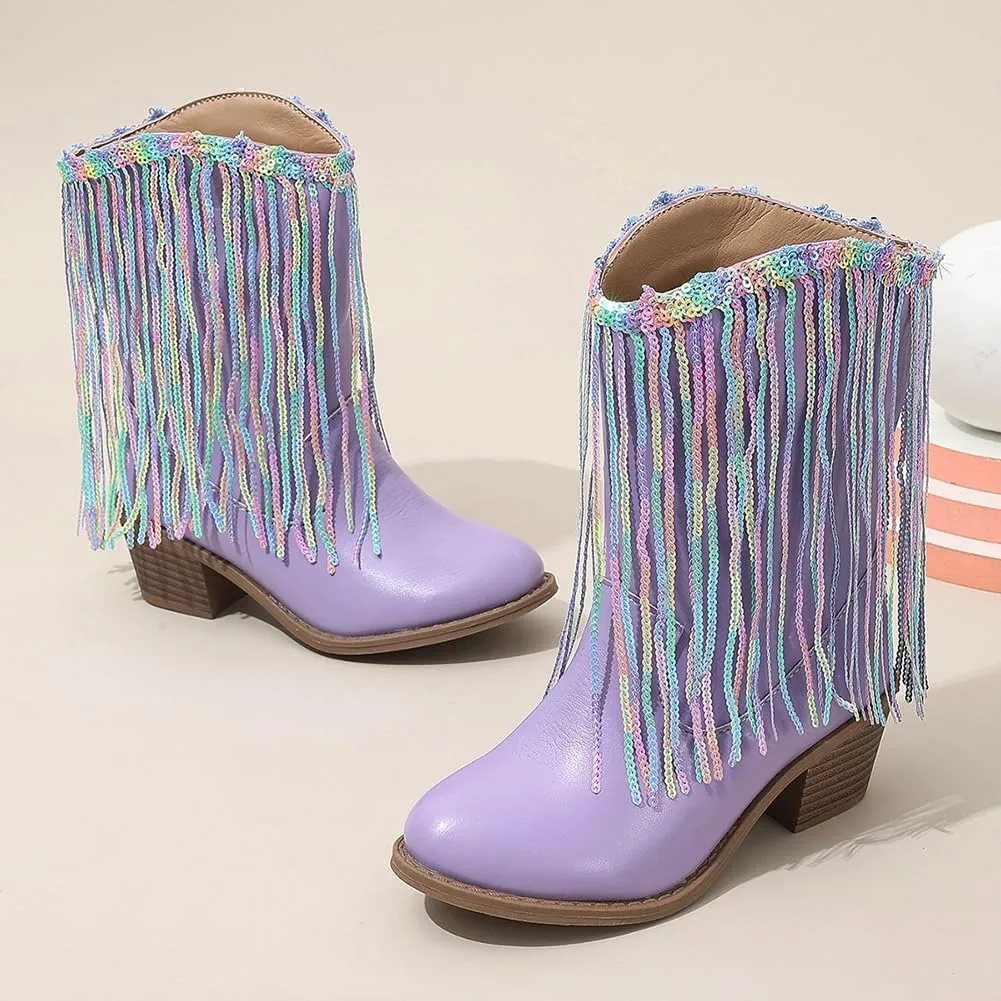 Girls Winter Low Heels Princess Boots Tassel Sequin Mid Calf Riding Shoes