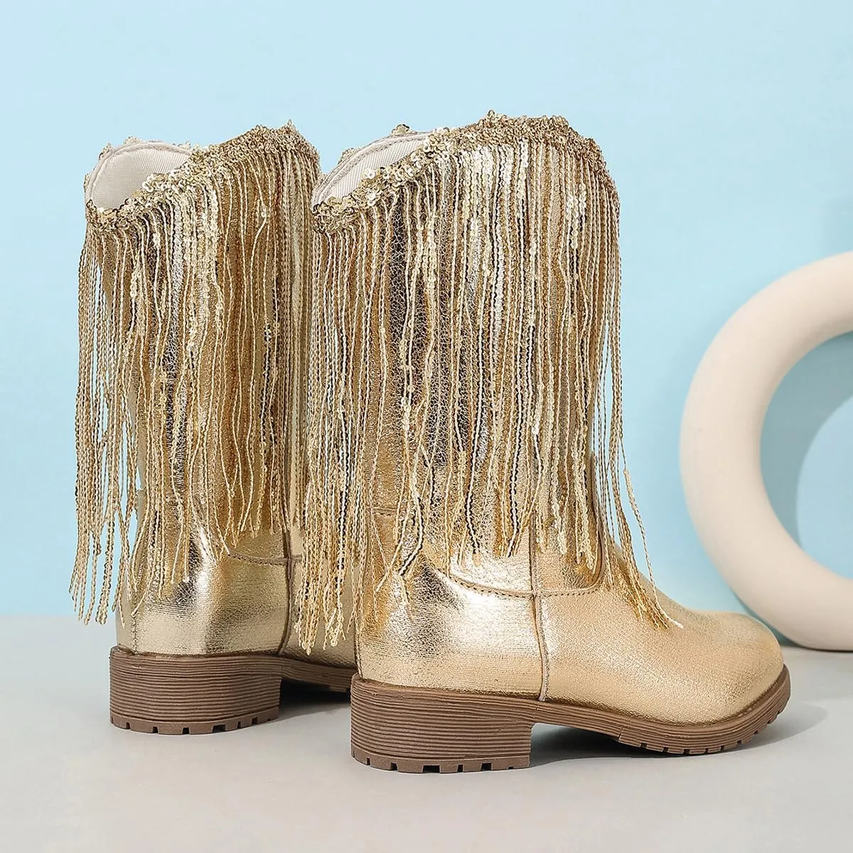 Girls Winter Low Heels Princess Boots Tassel Sequin Mid Calf Riding Shoes