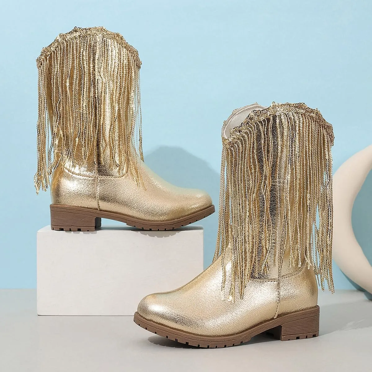 Girls Winter Low Heels Princess Boots Tassel Sequin Mid Calf Riding Shoes