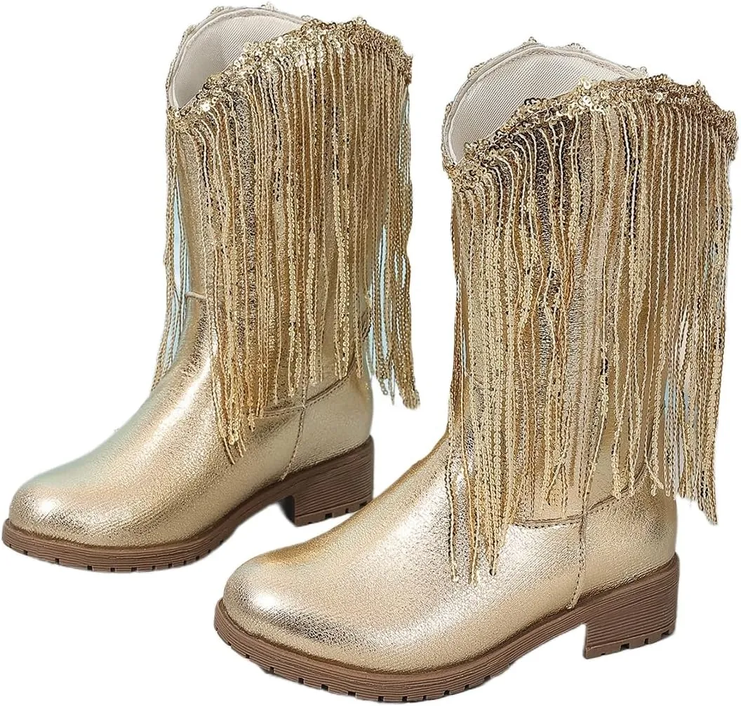 Girls Winter Low Heels Princess Boots Tassel Sequin Mid Calf Riding Shoes