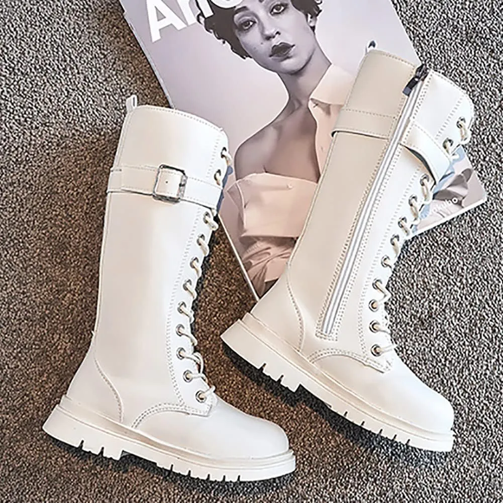 Girls Winter Warm Fur Riding Boots Knee High PU Leather Motorcycle boots