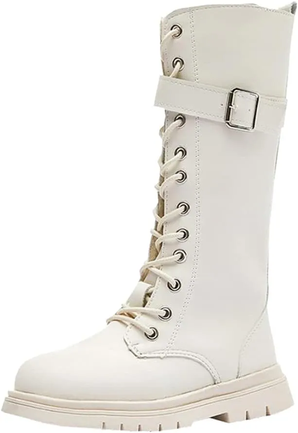 Girls Winter Warm Fur Riding Boots Knee High PU Leather Motorcycle boots