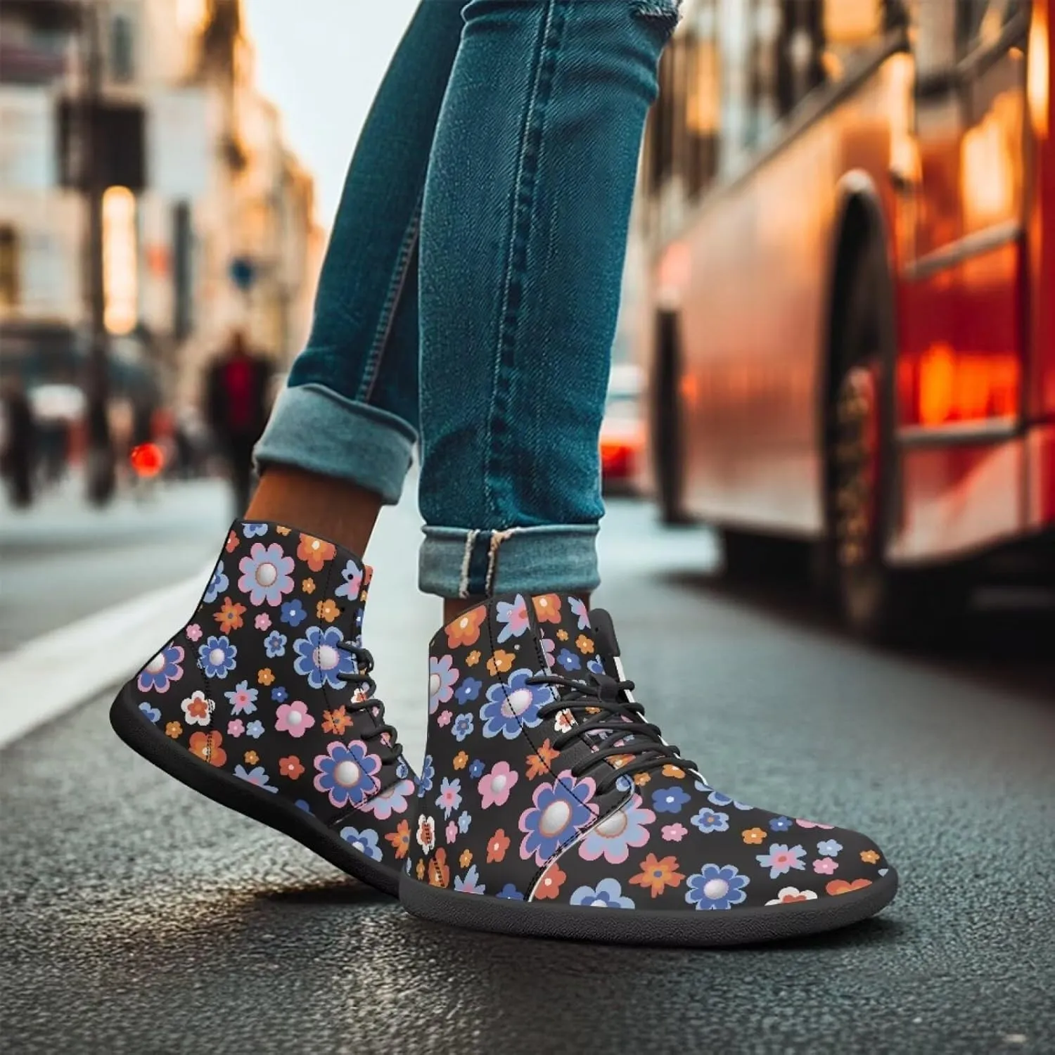 High Top Flower Design Wide Toe Barefoot Shoes for Men - Cross Training Running Shoes with Rubber Sole
