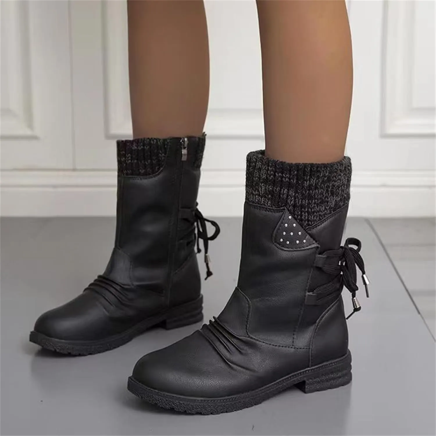 HINDOLA Women's Winter Mid-Calf Boots Anti-Slip Waterproof Outdoor Shoes Side Zipper Leather Knight Boots Fashion Lace Up Snow Booties for Women